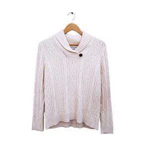 Women's Croft & Barrow Ivory Cable‎ Knit Sweater Collared V Neck Button SIZE L